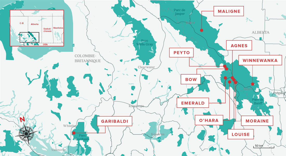 Carte des 10 plus beaux lacs de l'Ouest canadien