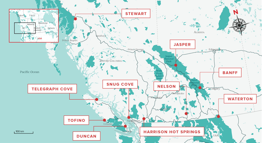 map of pitoresque villages in Western Canada