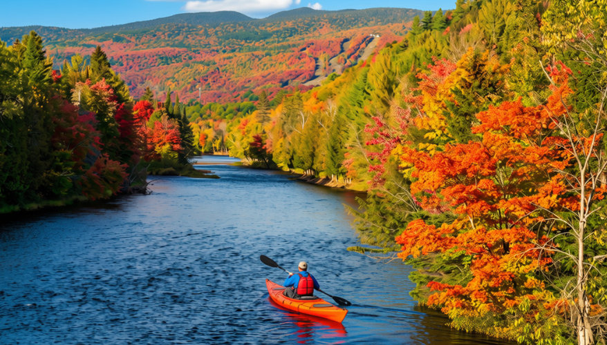 La rivière du diable Un homme qui fait du kayak sur la rivière diable bordée par les arbre
