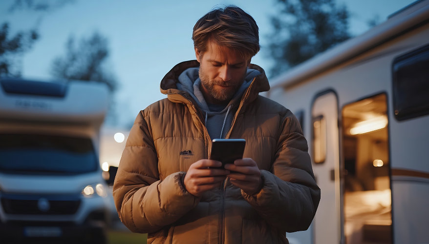 Nos conseils Un voyageurs sur son téléphone proche de son camping car