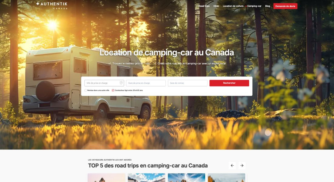 RV rental with Authentik Canada Screenshot of the Authentik Canada RV rental search web platform