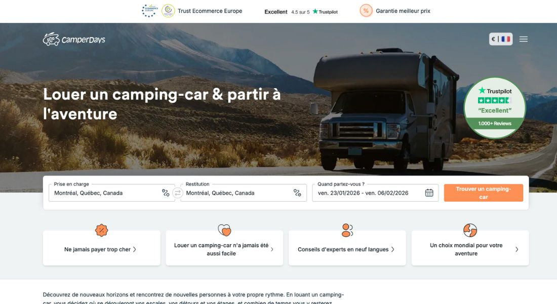 Location de camping-car avec Camperdays Capture de la plateforme web de recherche de location de camping-car Camperdays