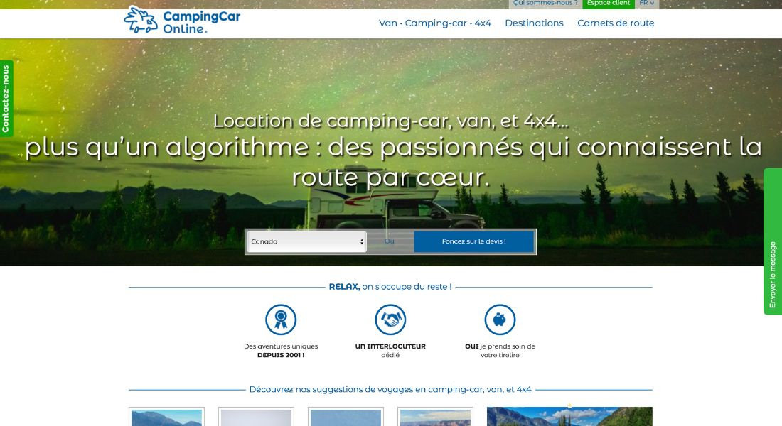 RV rental with Camping Car Online Screenshot of the Camping Car Online RV rental search web platform