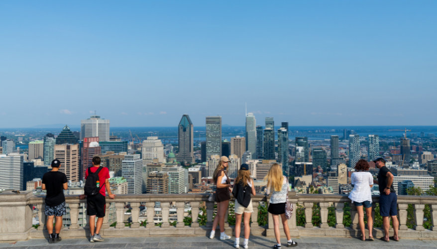 View from mount royal Visitors admiring the panoramic view of downtown Montreal from the Kondiaronk belvedere on Mount Royal.
