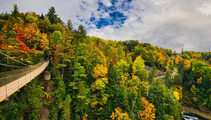 The sainte-anne canyon A suspension bridge crossing Sainte-Anne Canyon amidst an autumn forest, near Quebec City.