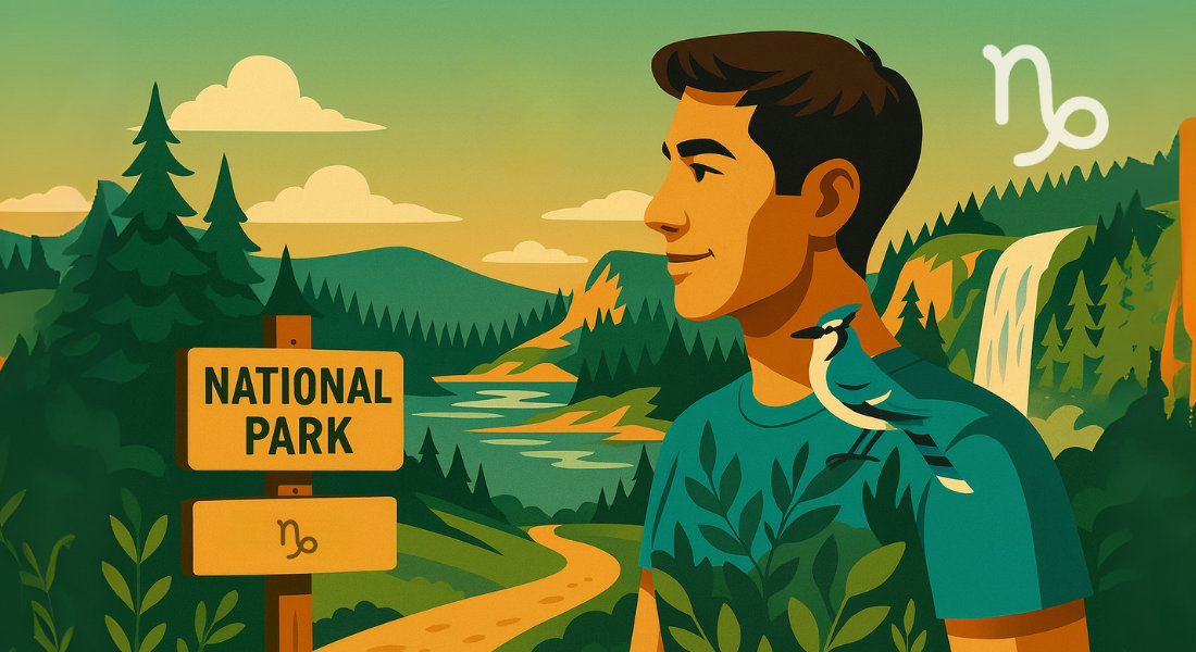 Capricorn in full control Man in sportswear in a well-marked nature park.