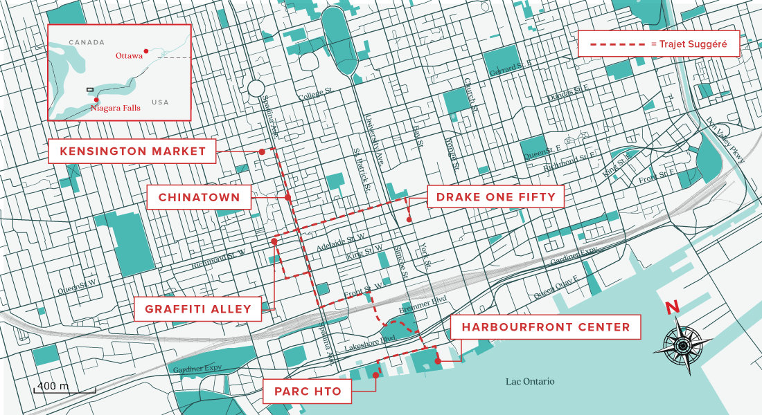 Carte du trajet suggéré en après-midi pour 24 heures à Toronto