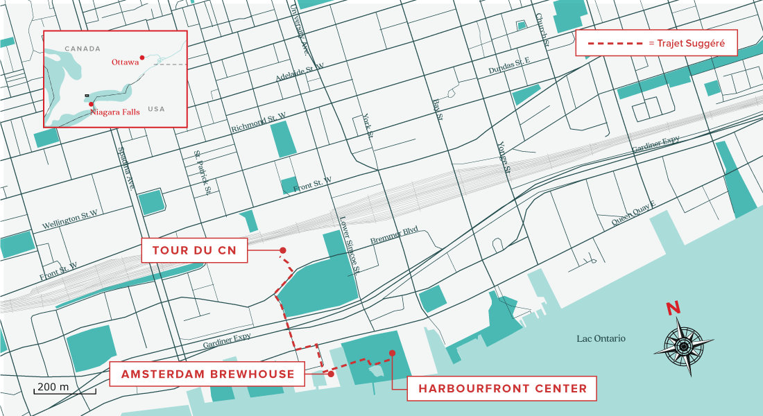 Carte du trajet suggéré en soirée pour 24 heures à Toronto