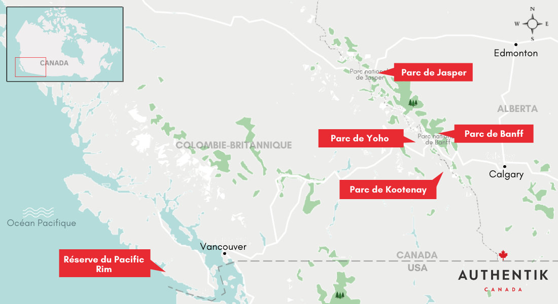 carte des parcs de l'Ouest Canadien