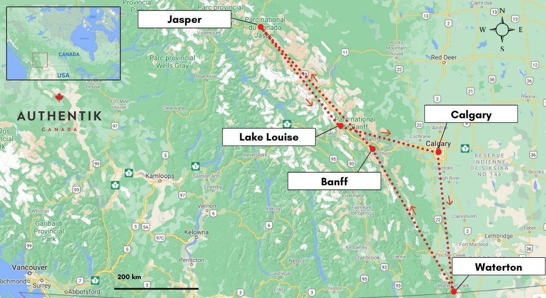 @Authentik Canada carte du road trip de 10 jours dans l'Ouest canadien