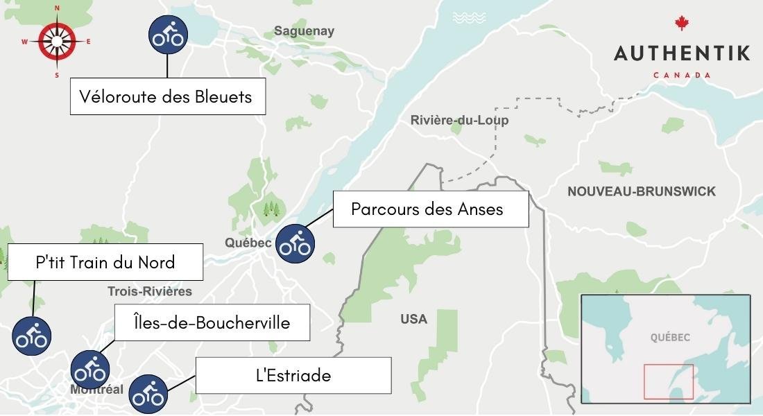 Carte des meilleures pistes cyclables au Québec