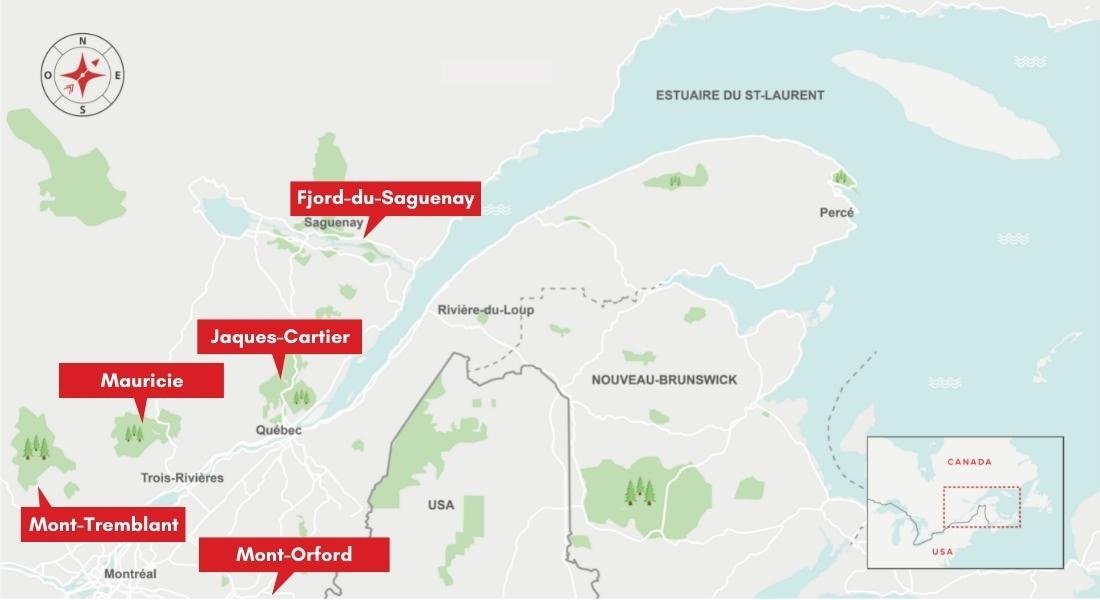 Carte des parcs a visiter en automne au Québec