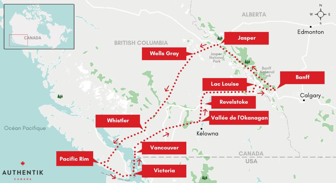 Carte du meilleur road trip dans l'Ouest canadien