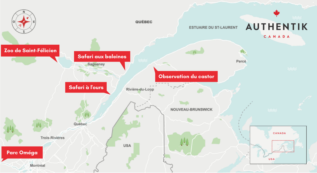 activités d'observation de la faune au Québec carte