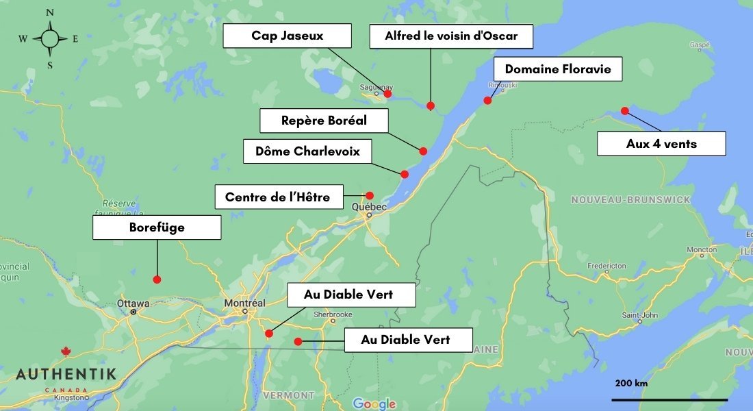 Unique accommodations in Quebec Location of unique accommodations on the Quebec map