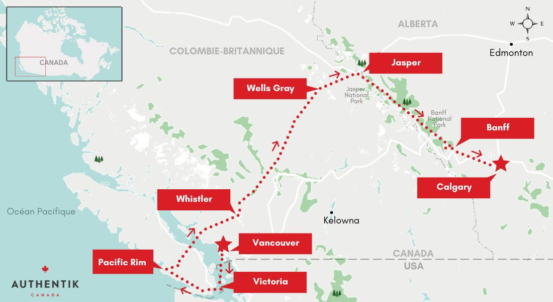 Carte du meilleur road trip de 2 semaines dans l’Ouest canadien
