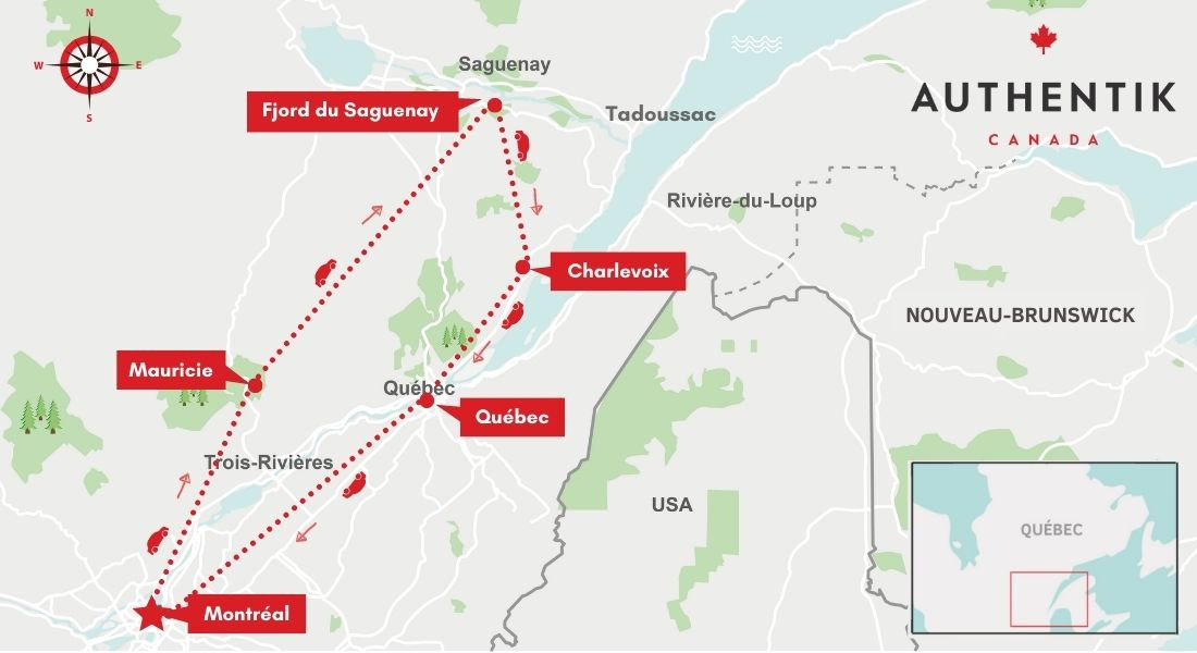 Carte localisant les étapes du meilleur road trip de 7 jours au Québec