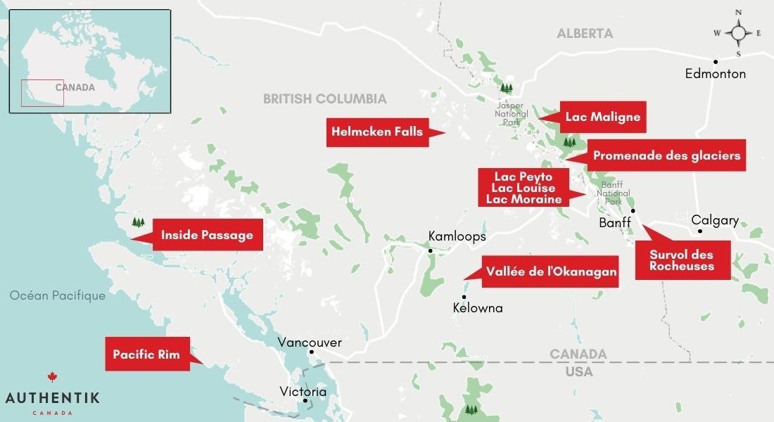 Carte des plus beaux paysages de l'ouest canadien