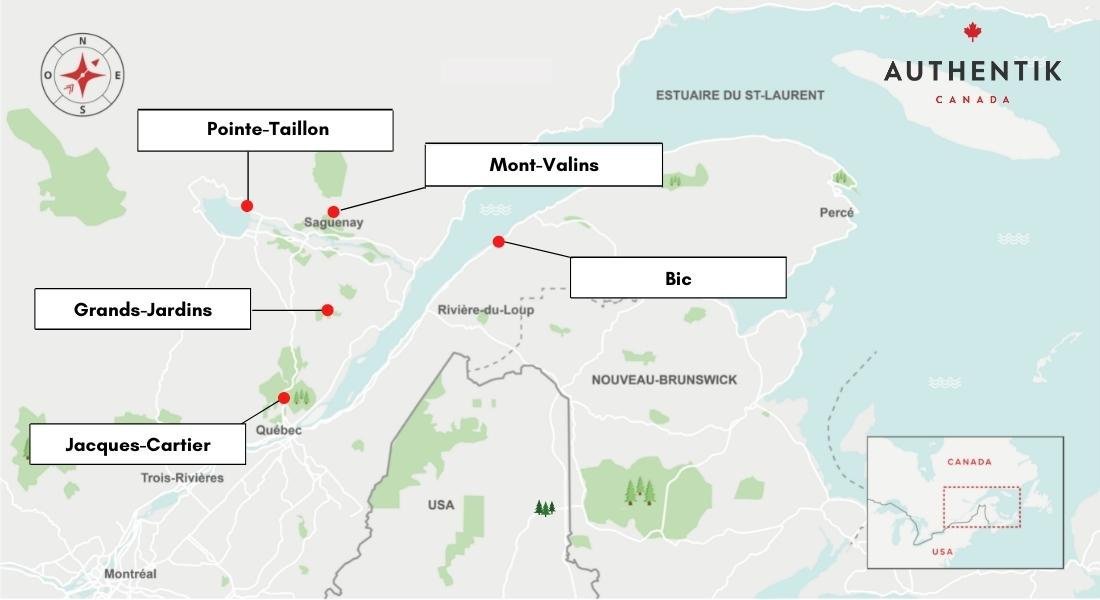 Situation des parcs sur une carte du Québec 