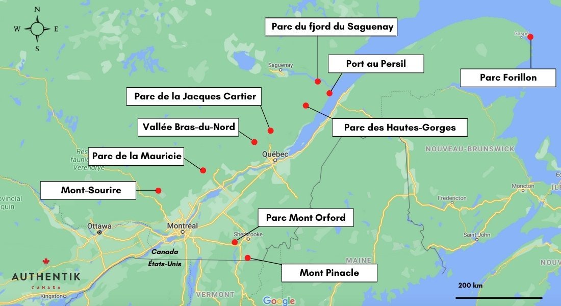 carte des plus beaux paysages du Québec en automne