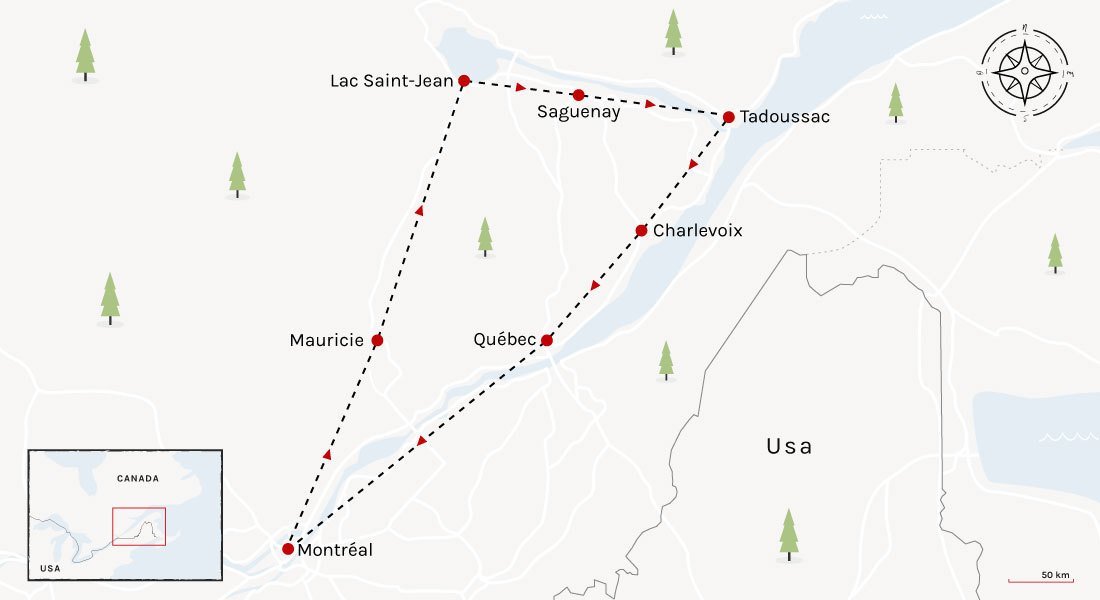 Family road trip in Quebec map