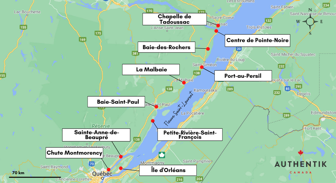 Carte de la Route 138 entre Québec et Tadoussac