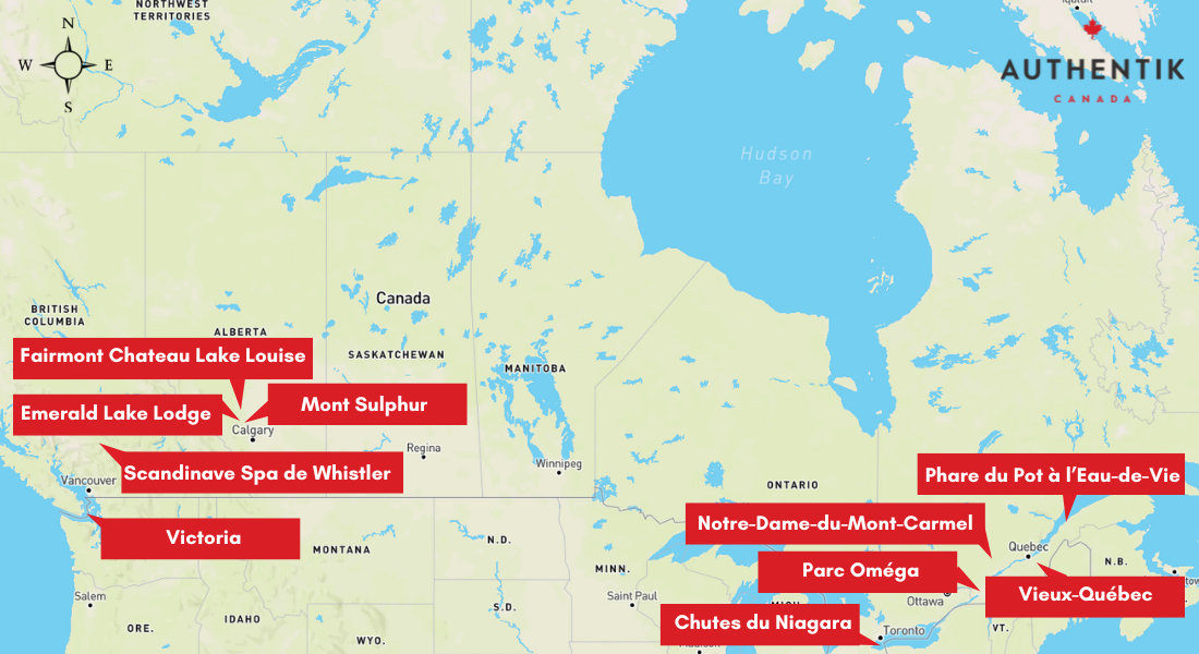 Carte localisant les plus beaux lieux romantiques au Canada