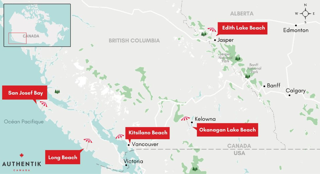 Carte localisant les plus belles plages dans l'Ouest canadien