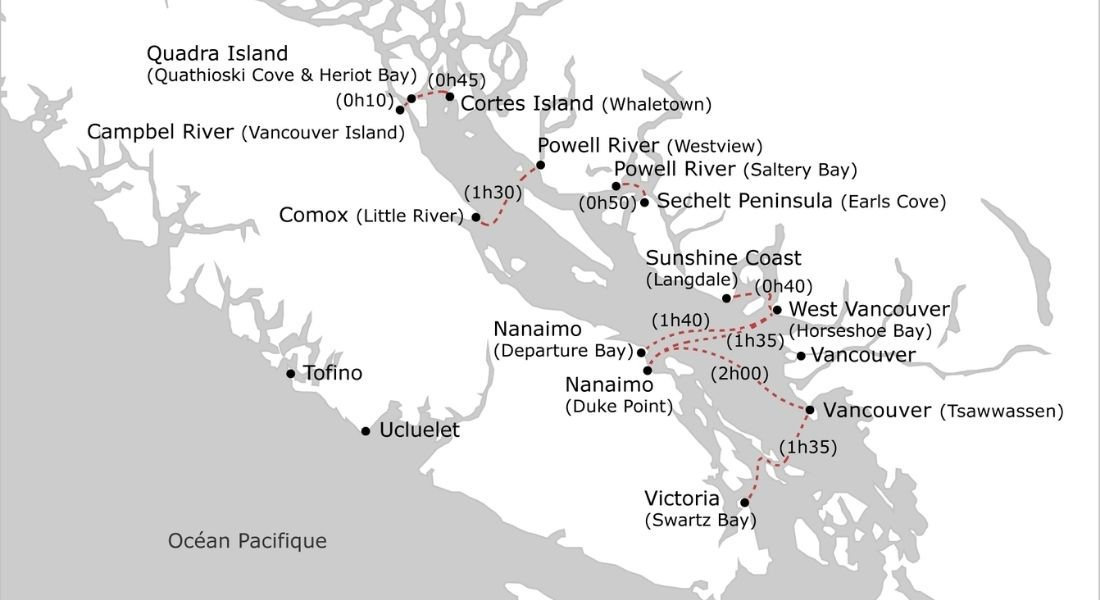 Le ferry pour se rendre sur l'île de Vancouver Carte des différents traversiers pour se rendre sur l'île de Vancouver