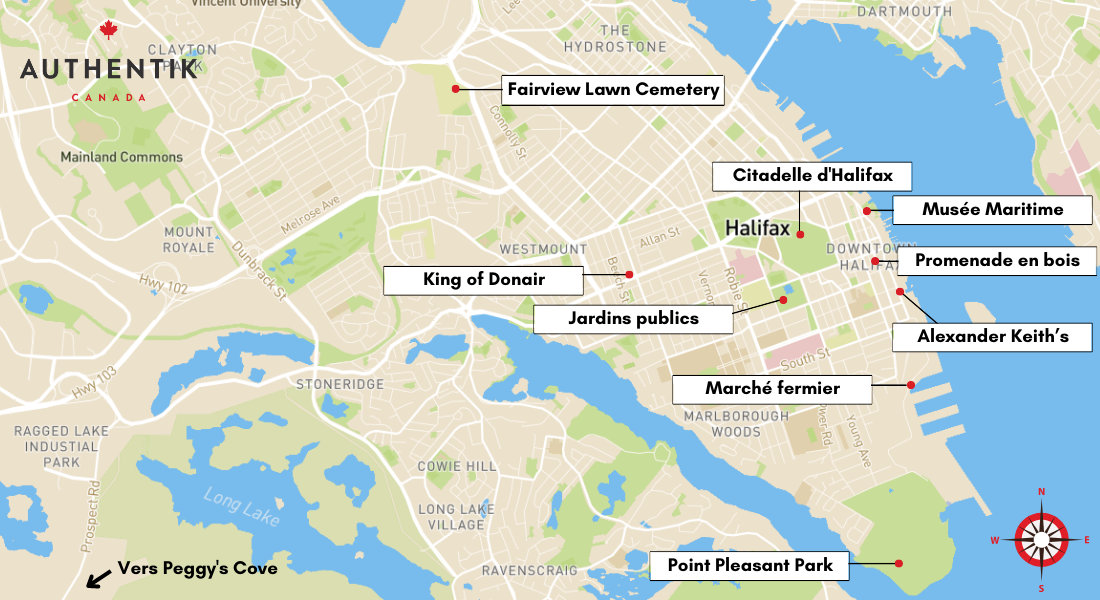 Carte localisant les lieux touristiques incontournables à Halifax