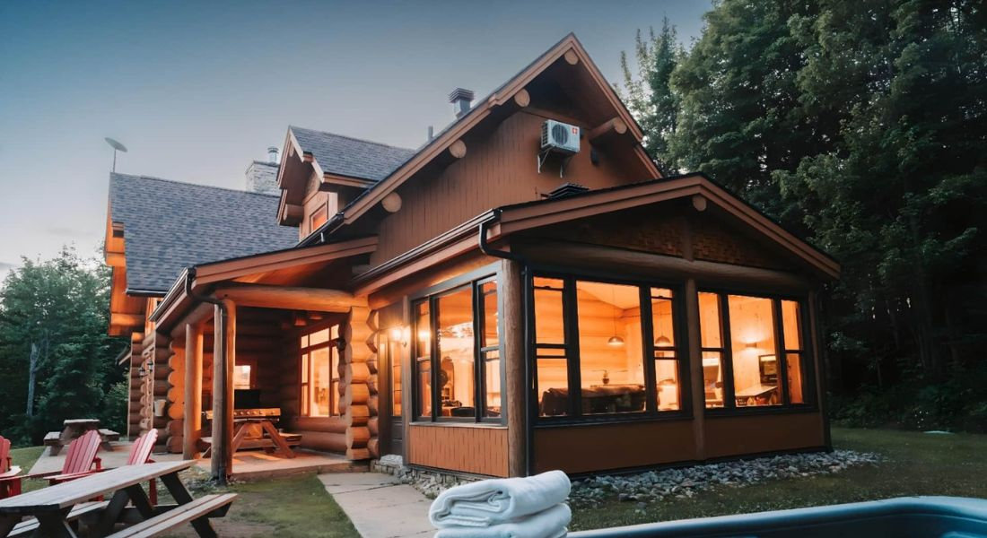 Lit log cabin