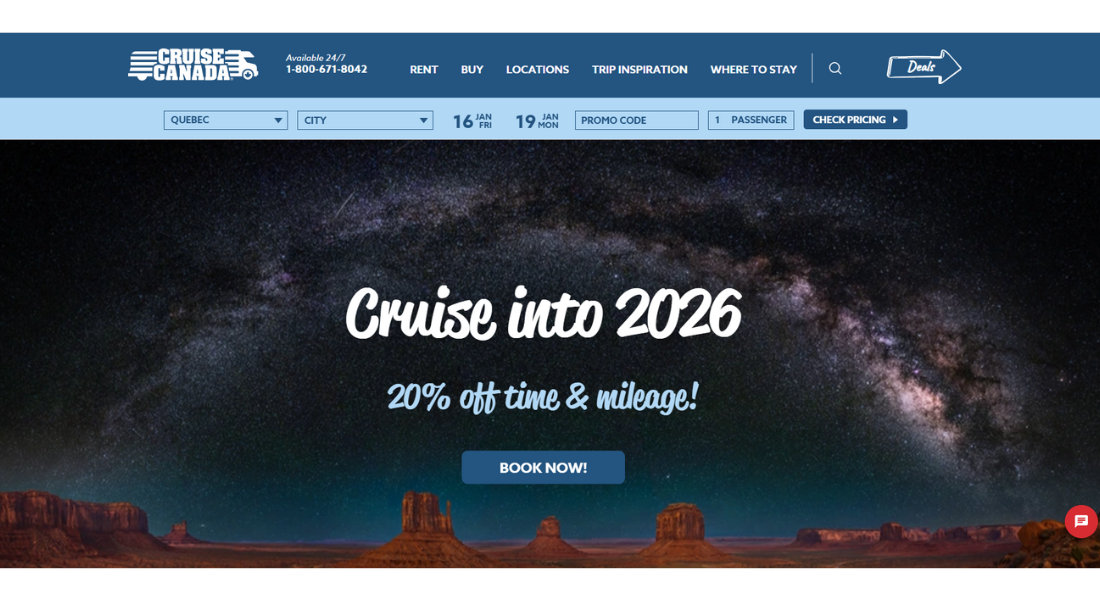 RV rental with Cruise Canada Screenshot of the Cruise Canada RV rental search web platform