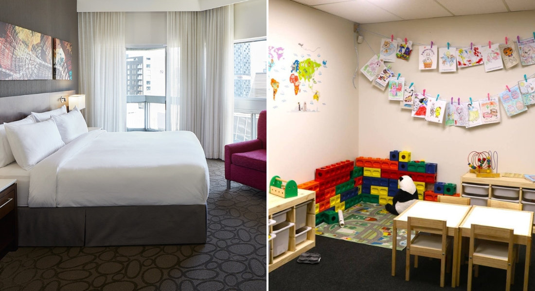 Delta Hotels Downtown Montreal: comfort and family space. Modern and bright room at Delta Hotels Downtown Montreal, with equipped children's playroom.