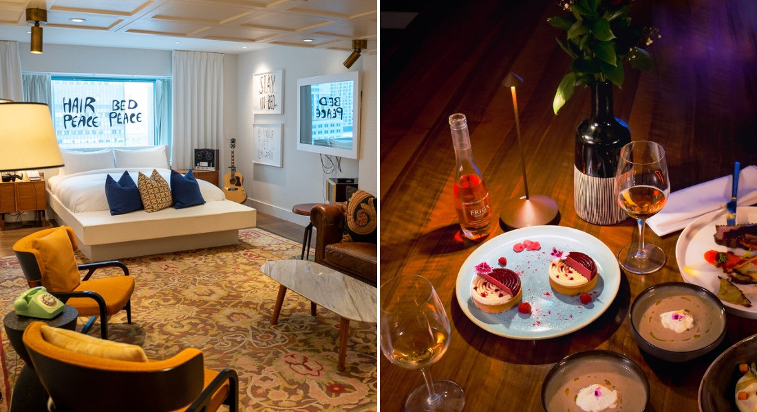 Fairmont The Queen Elizabeth: historical stay and haute cuisine in Montreal. Iconic suite at Fairmont The Queen Elizabeth in Montreal, inspired by John Lennon and Yoko Ono's Bed-In, and gourmet dining with refined desserts and rosé wine.