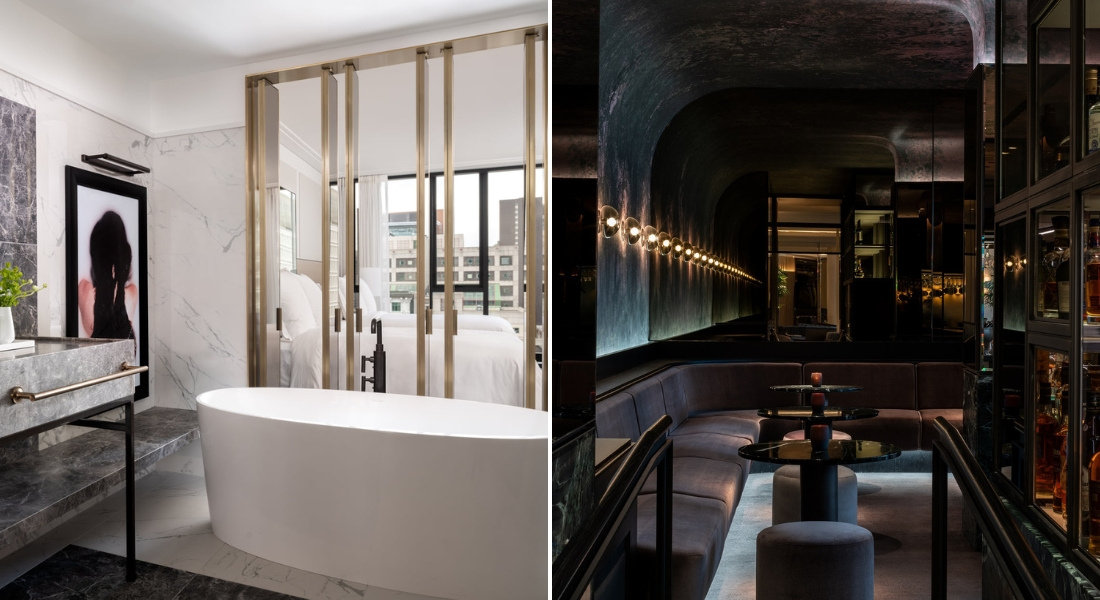 Four Seasons Hotel Montreal: refinement and sophisticated atmosphere. Elegant bathroom with designer bathtub and intimate bar at Four Seasons Hotel Montreal.