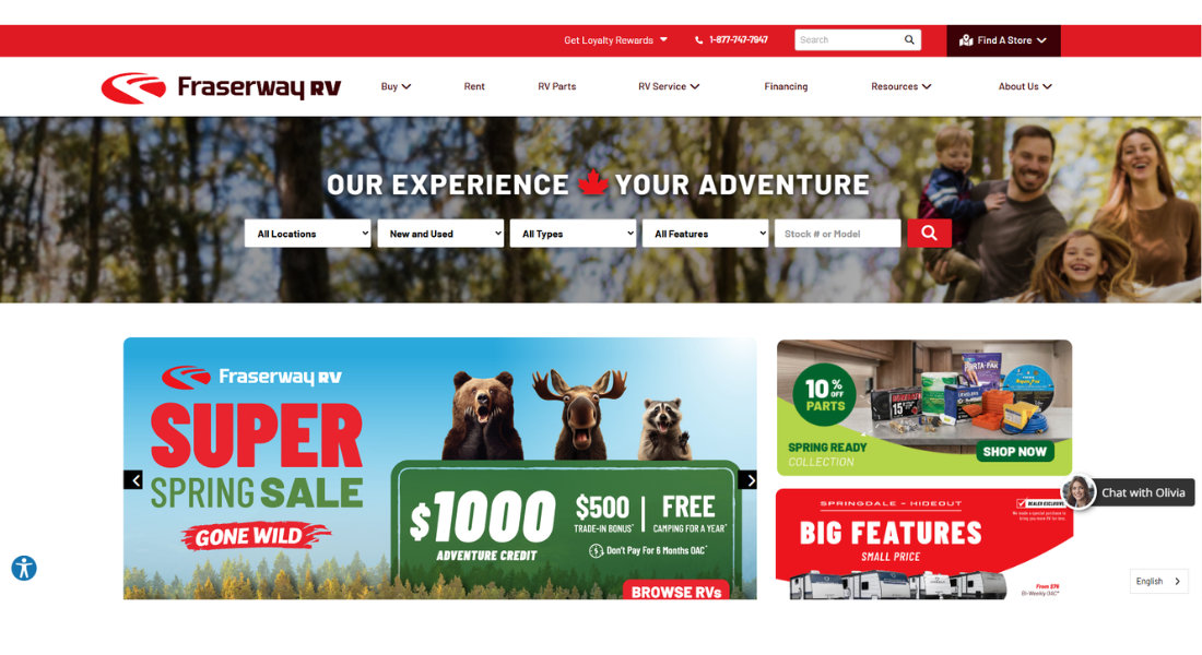 RV rental with Fraserway Screenshot of the Fraserway RV rental search web platform