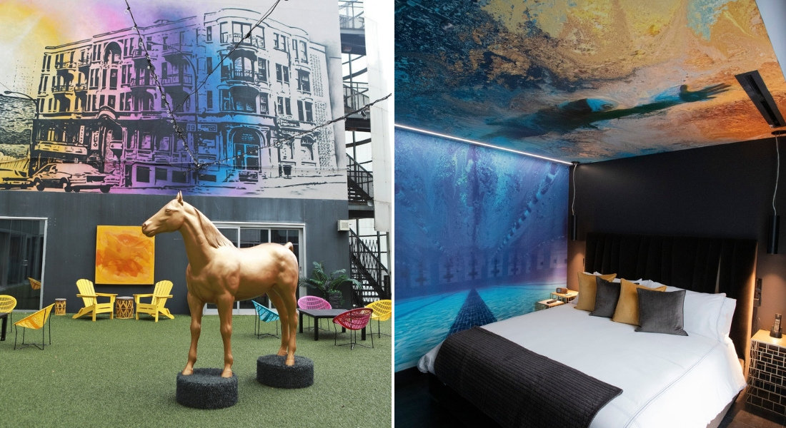 Hotel 10 Montreal: a stay between art, design, and creativity. Colorful inner courtyard of Hotel 10 Montreal with golden horse statue and immersive room with artistic decor inspired by water.