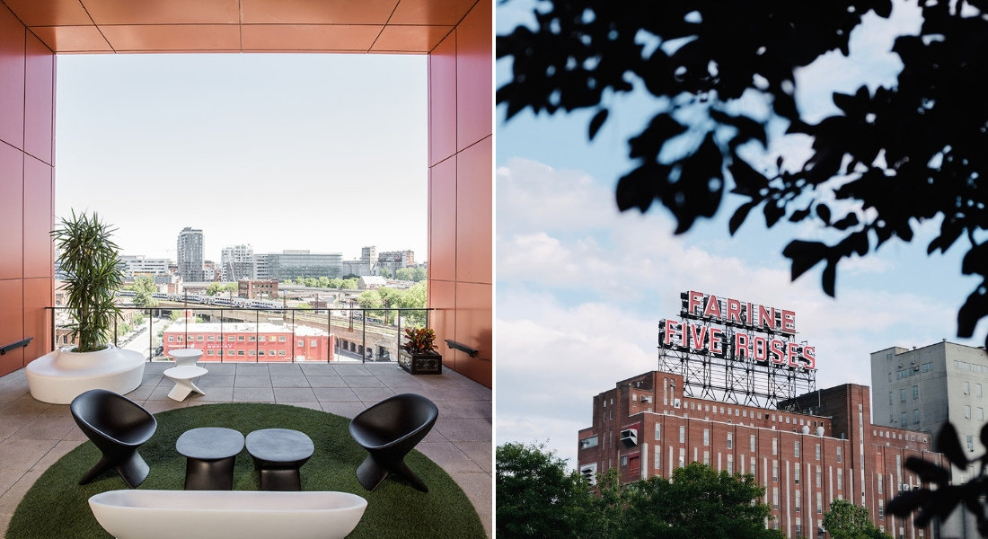 Hôtel Alt Montréal: modern terrace and panorama on Farine Five Roses. Design terrace of Hôtel Alt Montréal with city view and Farine Five Roses illuminated sign