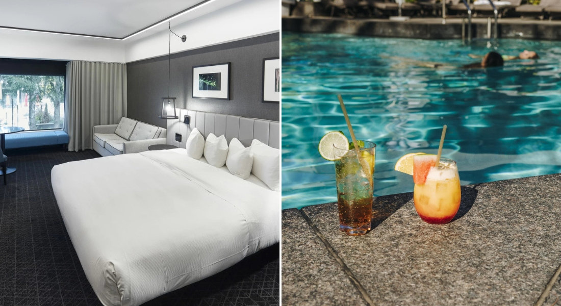 Hotel Bonaventure Montreal: comfort and relaxation by the pool. Modern room at Hotel Bonaventure Montreal and outdoor pool with refreshing cocktails.