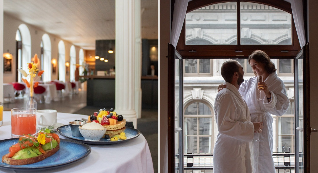 Hotel Gault Montreal: elegance, gastronomy, and romantic getaway Refined breakfast at Hotel Gault with avocado toast and fruit pancakes, and couple in bathrobes enjoying a romantic moment on the balcony.