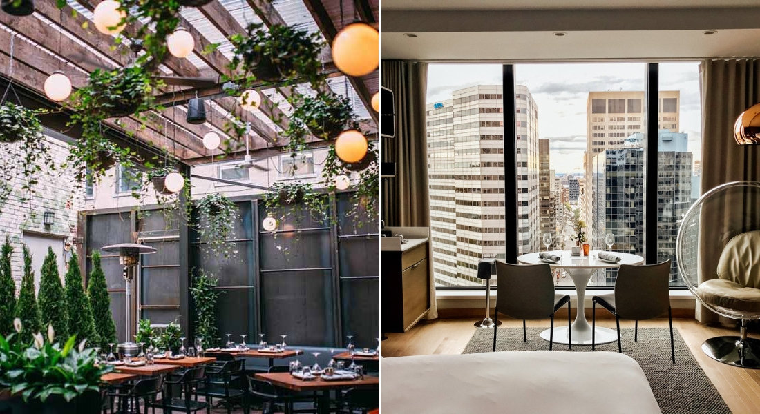 Hôtel Le Germain Montréal: refined stay with terrace and urban view. Green and elegant terrace of Hôtel Le Germain Montréal, and modern room with panoramic view of downtown.