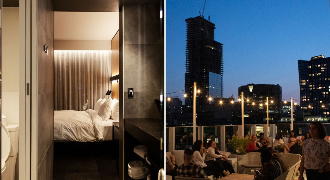 Hôtel Monville in Montreal: comfort and atmosphere on the rooftop. Modern room and lively rooftop terrace of Hôtel Monville in Montreal, at night.