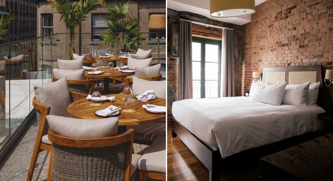 Hotel Nelligan Montreal: a stay between historical charm and modern comfort. Sunny terrace and room with brick wall at Hotel Nelligan in Montreal, combining elegance and authenticity.