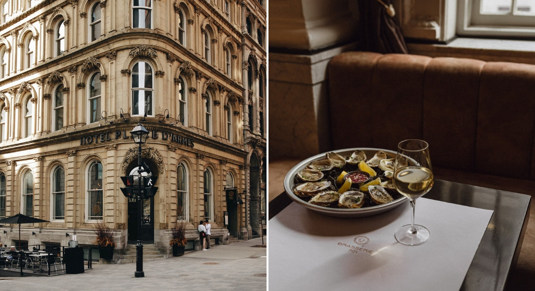 Hôtel Place d'Armes in Montreal and oyster tasting at Brasserie 701. Facade of Hôtel Place d'Armes in Montreal and platter of oysters with a glass of white wine at Brasserie 701.