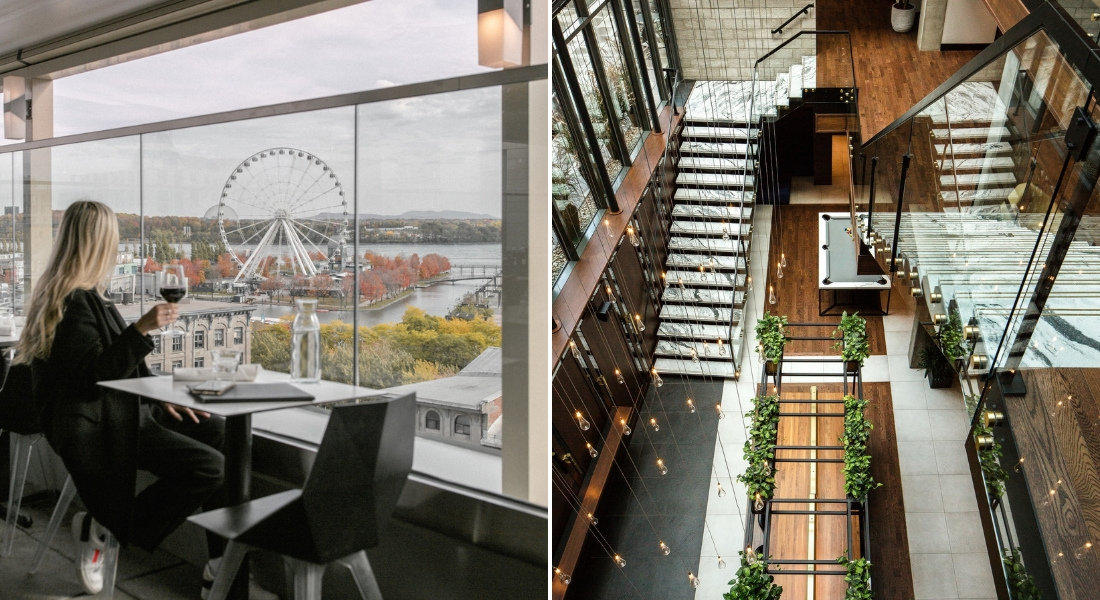 Hôtel William Gray in Montreal: elegance, design, and stunning view of the Old Port. View from Hôtel William Gray of the Ferris wheel in Old Port of Montreal and the hotel's design staircase.
