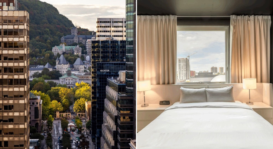 Hotel Zero 1 Montreal: modern design and spectacular city views View of downtown Montreal and Mount Royal from Hotel Zero 1, with contemporary room and panoramic window.
