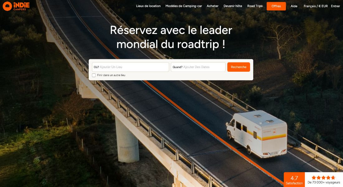 RV rental with Indie Campers Screenshot of the Indie Campers RV rental search web platform
