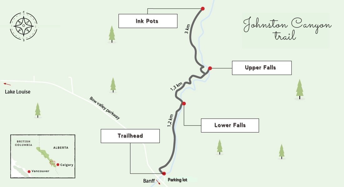 map of the hike at johnston canyon banff