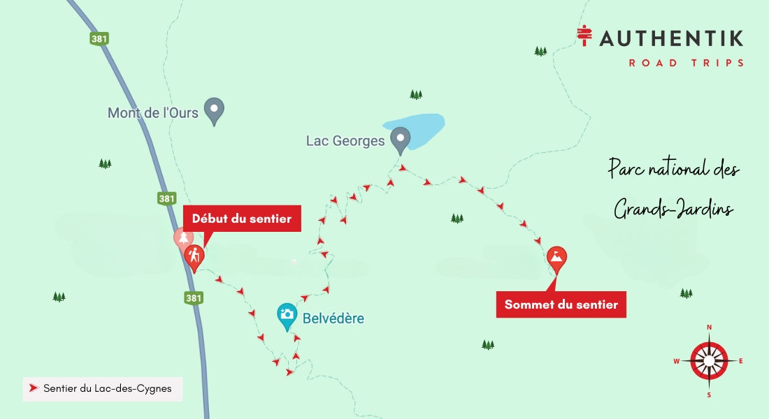 Carte de la randonné au lac-des-cygnes Carte sentier de randonnée parc des grands jardins charlevoix