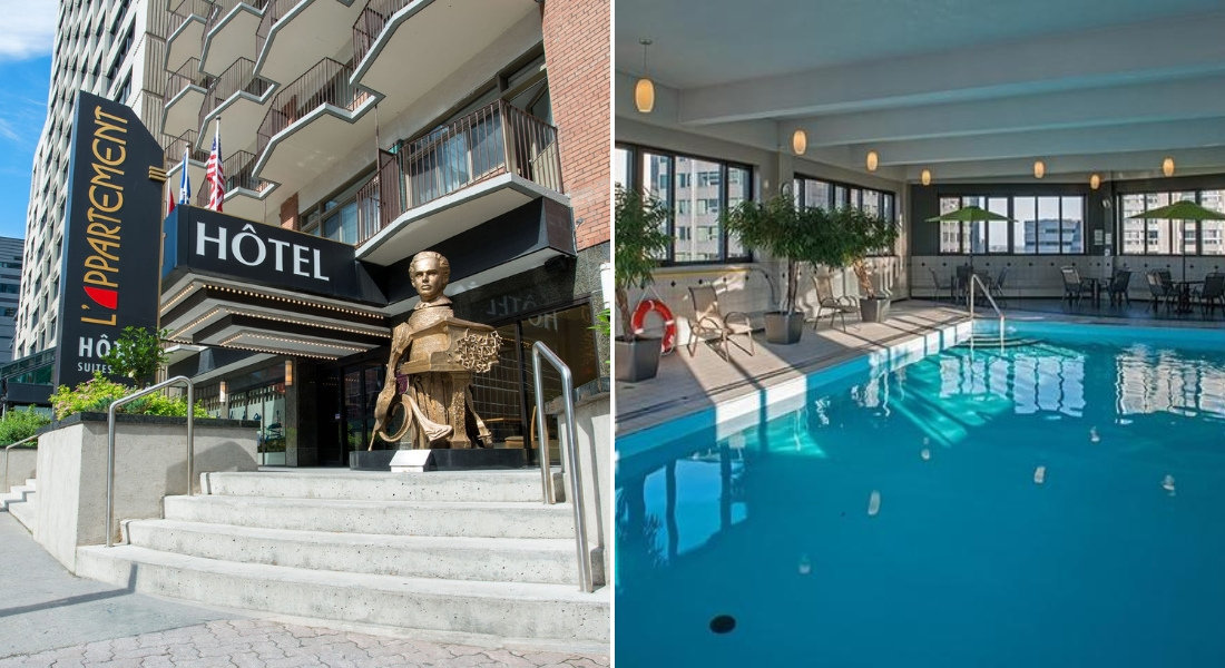 L'Appartement Hôtel in Montreal: urban comfort and indoor pool. Facade of L'Appartement Hôtel in Montreal with artistic statue and spacious indoor pool.